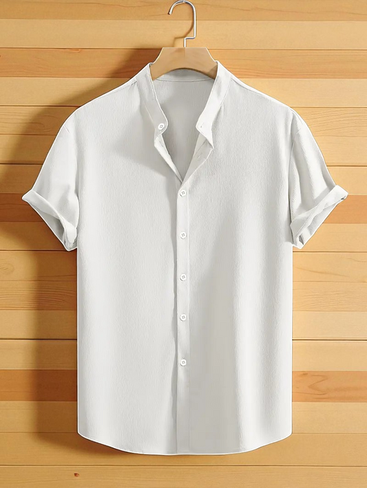 White Band Collar Solid Cotton Shirt