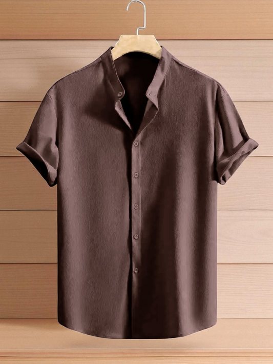 Baby Pink Band Collar Solid Cotton Shirt