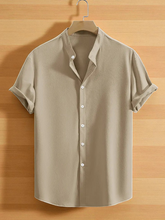 Cream Band Collar Solid Cotton Shirt
