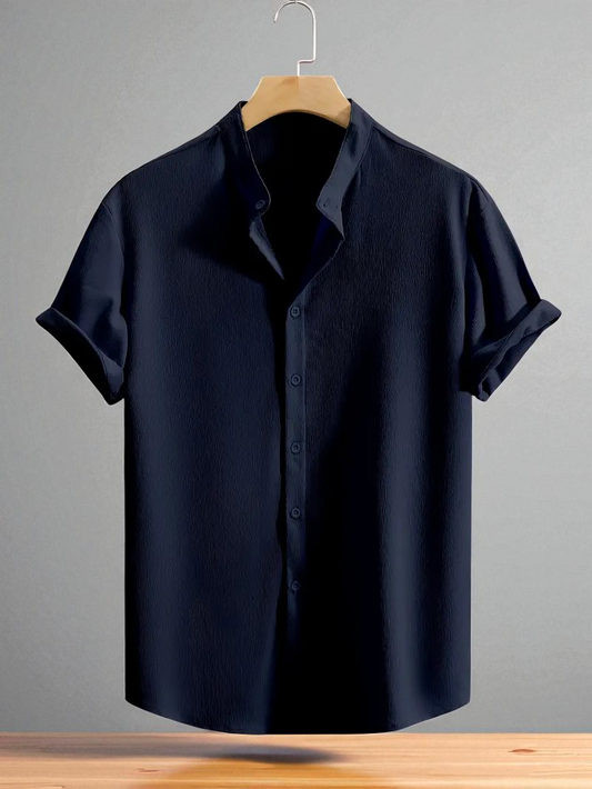 Dark Blue Band Collar Solid Cotton Shirt
