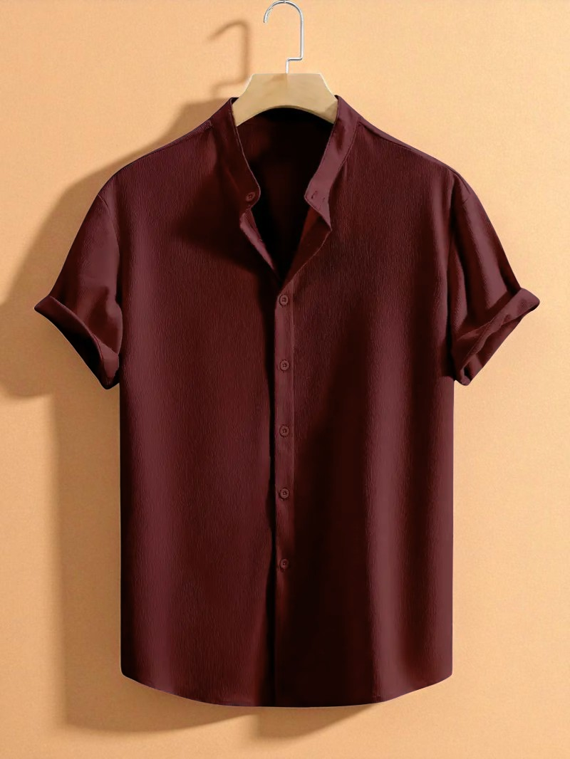 Maroon Band Collar Solid Cotton Shirt