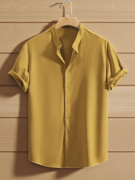 Mustard Yellow Band Collar Solid Cotton Shirt