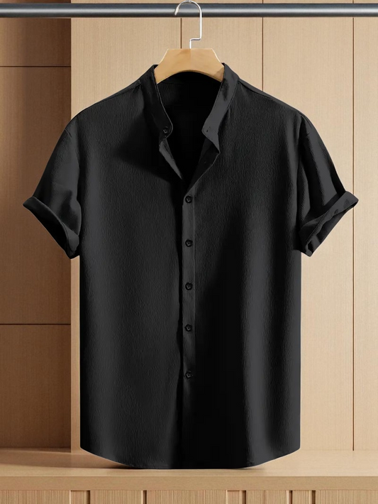 Black Band Collar Solid Cotton Shirt